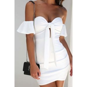 NEW Mini White Off Shoulders Front Knot Dress